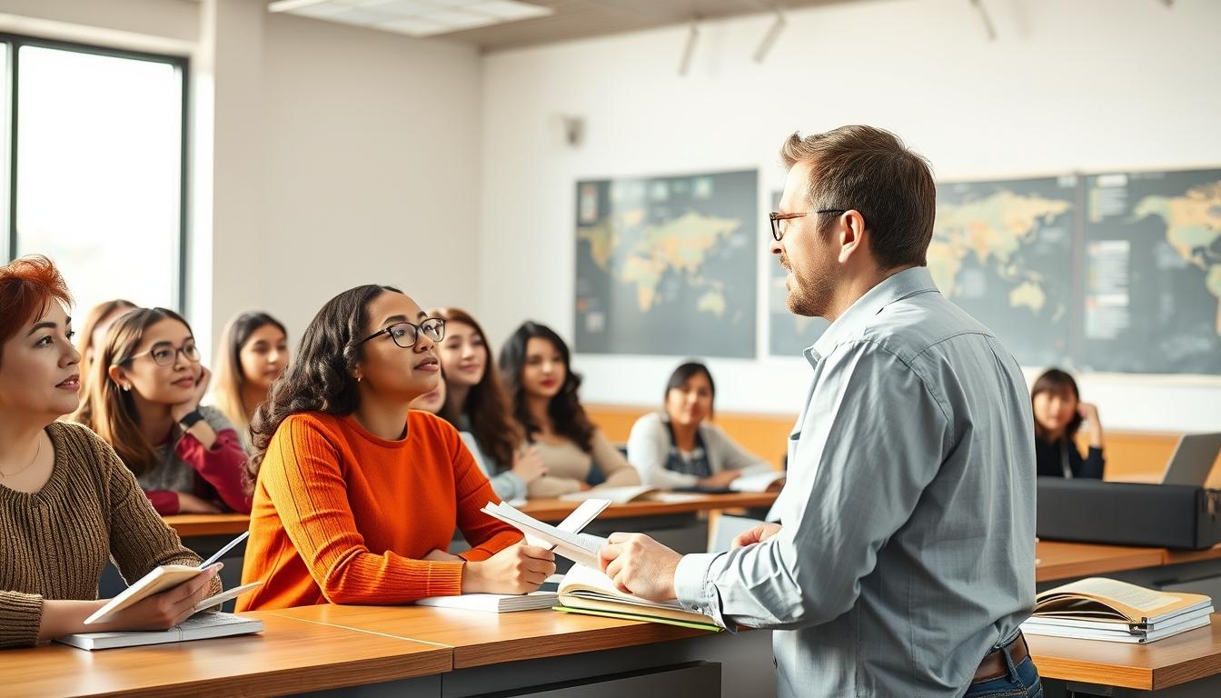 Students studying together in modern classroom